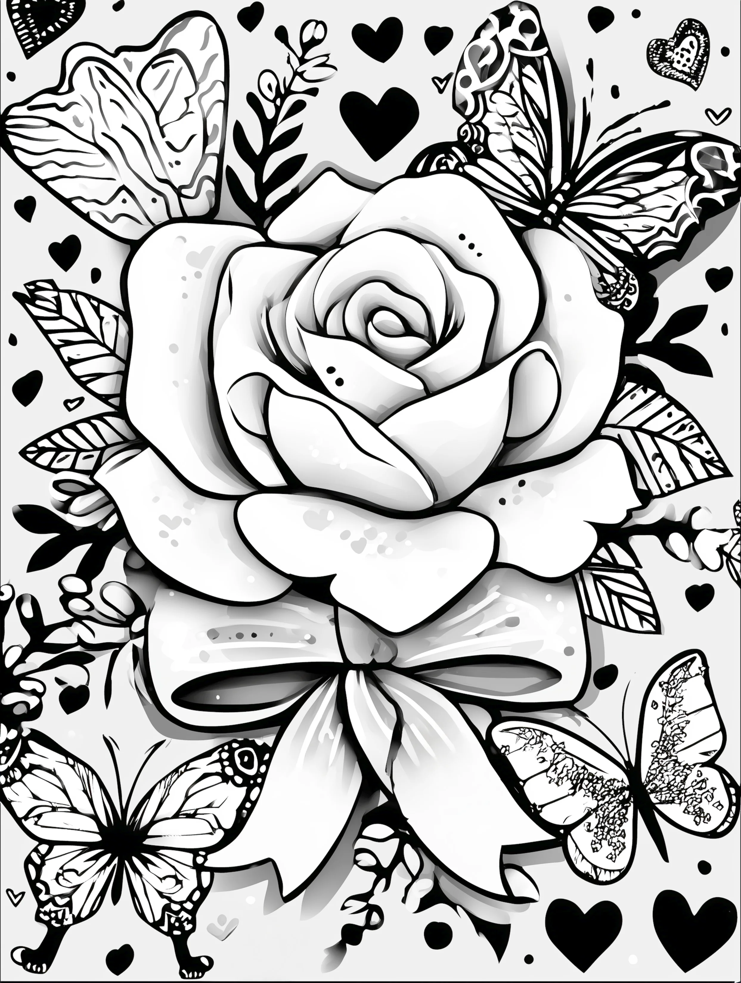 Free printable valentines coloring pages for adults featuring a big rose and ribbon